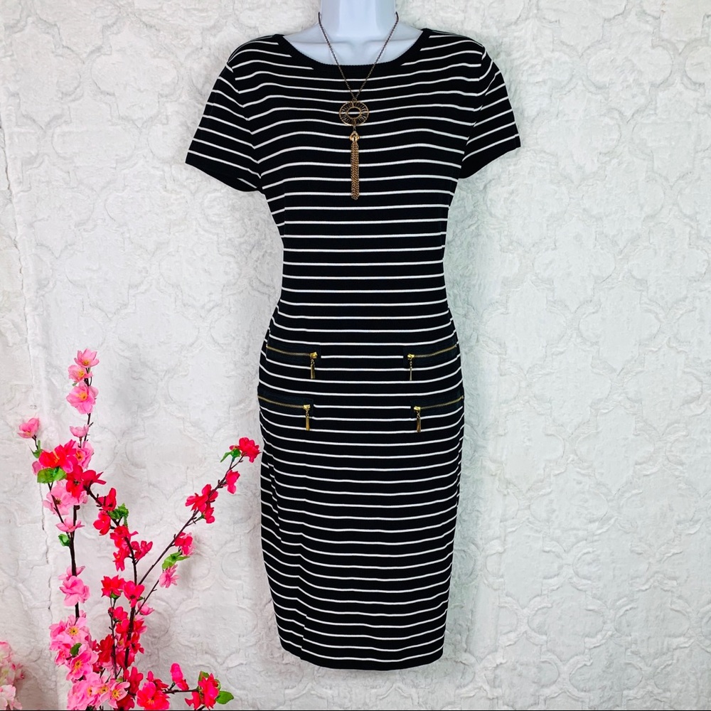 NWOT Black and White Striped Midi Bodycon Dress